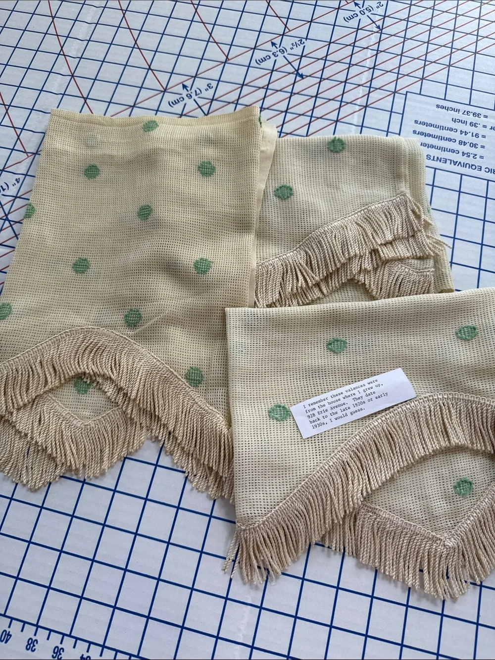 Antique 1920s 1930s Valances Set of 3 Fringed Plaid Green Dot Window Curtains